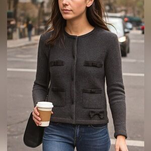 J.Crew 100% Wool Bow-Trim Cardigan Jacket – Charcoal Gray (Style 96538 • FA08)